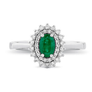 Anillo de oro blanco con esmeralda central y doble orla de diamantes