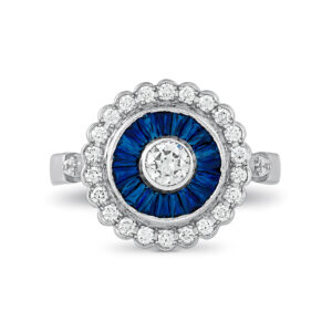 Anillo diseño art-decó en oro blanco, zafiros y diamantes