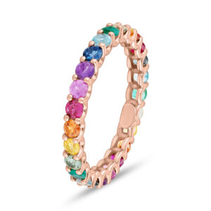 Anillo de oro rosa, zafiros rainbow, rubí, esmeralda, topacio y amatista