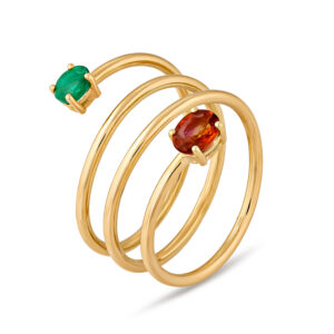 Anillo de oro amarillo, esmeralda y zafiro naranja