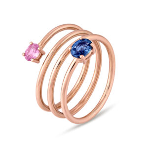 Anillo de oro rosa, zafiro azul y zafiro rosa