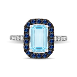 Anillo de oro blanco, zafiros, diamantes y aguamarina