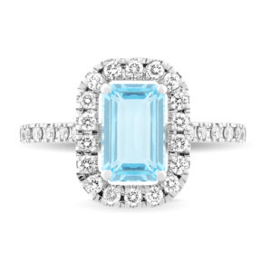 Anillo de oro blanco, diamantes y aguamarina