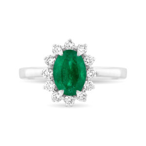 Anillo de oro blanco con esmeralda central rodeada de diamantes