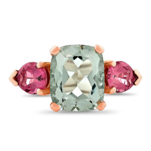 Anillo de oro rosa con amatista verde y turmalinas rosas