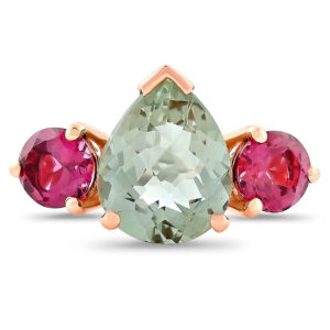 Anillo de oro rosa con amatista verde y turmalinas rosas