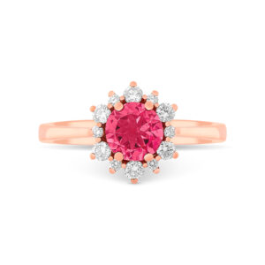 Anillo de oro rosa con turmalina rosa central rodeada de diamantes