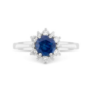 Anillo de oro blanco, zafiro central rodeado de diamantes