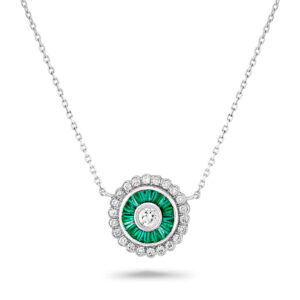 Colgante de diseño art-decó en oro blanco, esmeraldas y diamantes