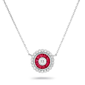 Colgante de diseño art-decó en oro blanco, rubíes y diamantes