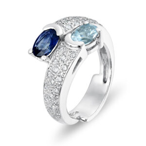 Anillo de oro blanco con zafiro, aguamarina y diamantes