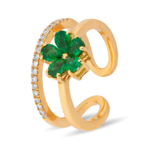 Anillo doble de oro amarillo con diseño de flor de esmeraldas