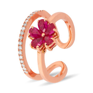 Anillo doble de oro rosa con diseño de flor de rubíes