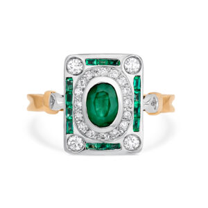 Anillo diseño art-decó en oro blanco y amarillo, esmeraldas y diamantes