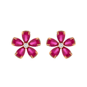 Pendientes de oro rosa, rubíes y diamante central