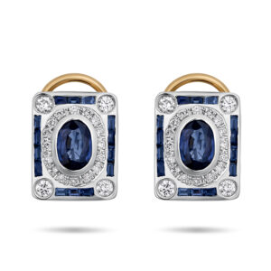 Pendientes diseño art-decó en oro blanco y amarillo, zafiros y diamantes
