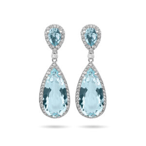 Pendientes de oro blanco, diamantes y aguamarinas talla pera
