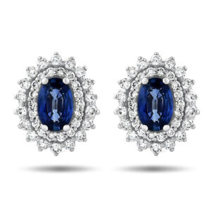 Pendientes de oro blanco con zafiro central y doble orla de diamantes