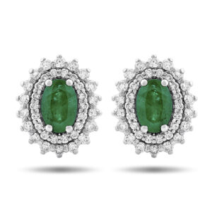 Pendientes de oro blanco con esmeralda central y doble orla de diamantes