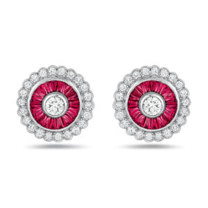 Pendientes diseño art-decó en oro blanco, rubíes y diamantes