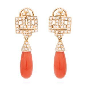 Pendientes de oro rosa con diseño de diamantes y corales momo